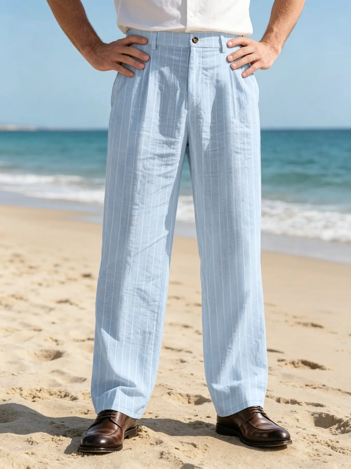 Men's Striped Linen Straight Dress Pants, Summer Breathable High-Waist Pleated Casual Trousers, Multi-Color Draped Loose Design, Smart Casual Vacation Style Men's Wear, Casual Button Trousers, Casual Loose Comfy