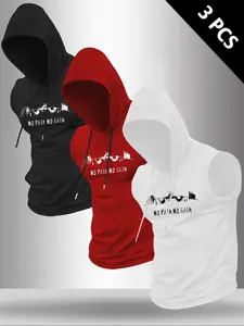 Men's Barbell Motivational Graphic Print Sleeveless Drawstring Hoodie, Casual Sporty Top, Ideal for Summer Outdoor Fitness Training