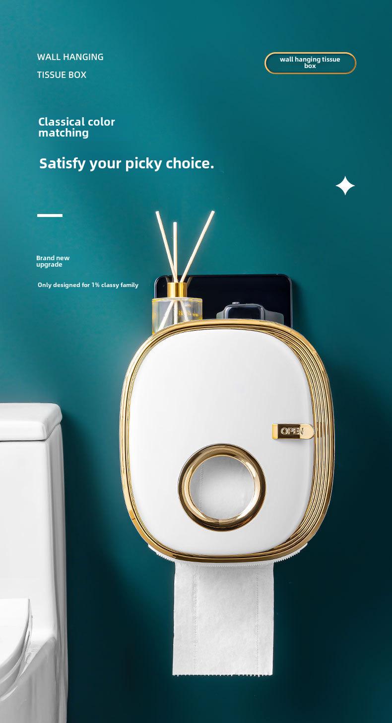 OTEN Large Capacity Double-layer Waterproof Tissue Storage Box Wall Mounted Plastic Roll Paper Holder Non Perforated Design with Storage Compartment Home Goods Installation Golden