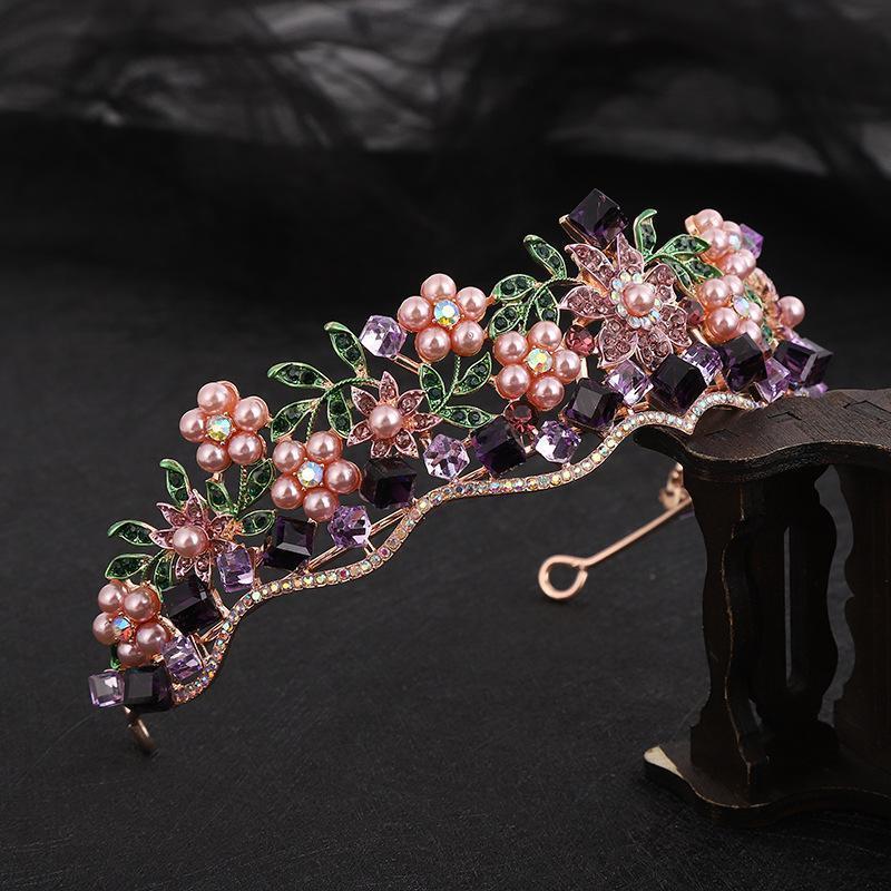 Baroque Purple Crystal Wedding Crown for Women Rhinestone Pearls Tiaras and Crowns Queen Bride Headdress Girls Hair Jewelry