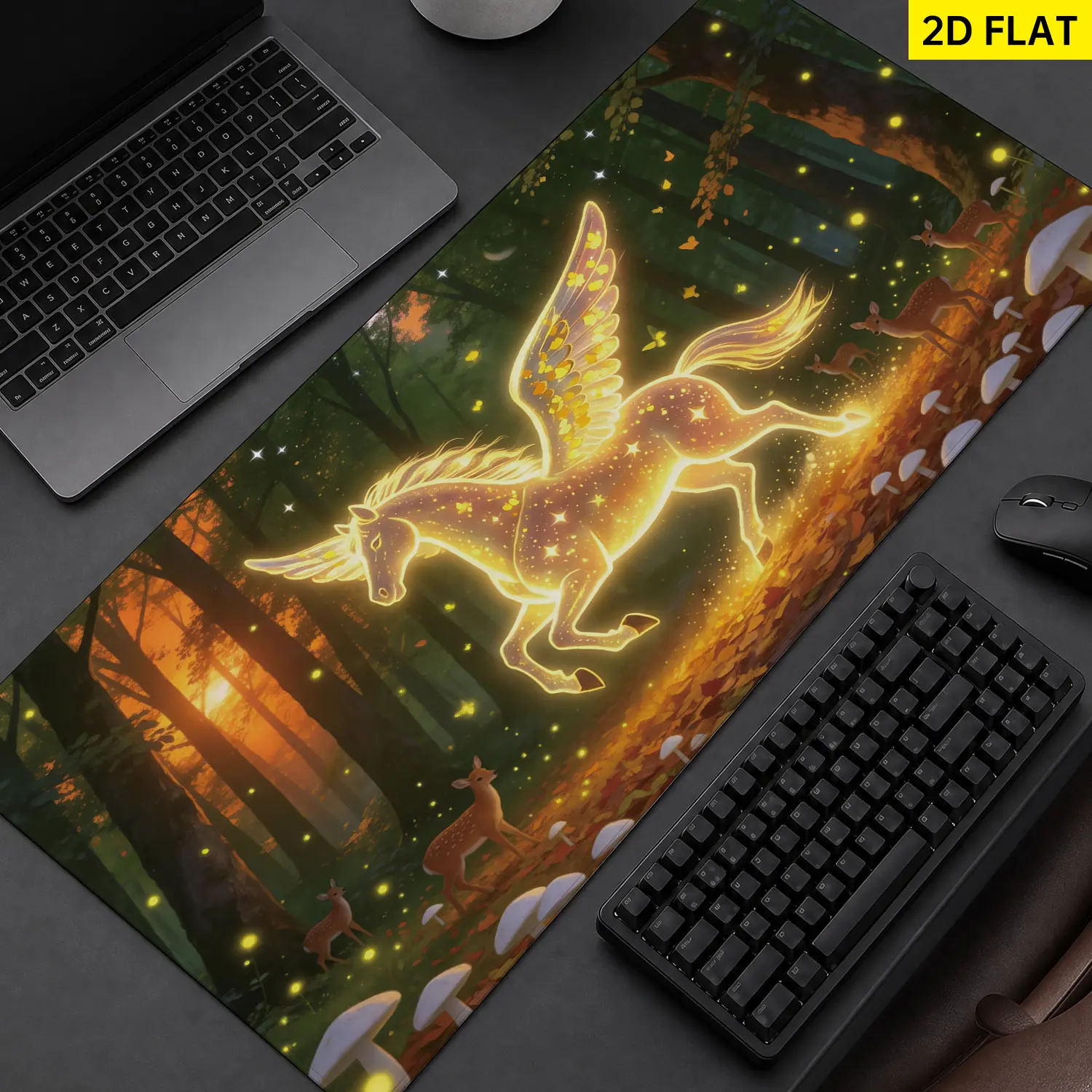 Extra Large golden glowing pegasus in enchanted forest Mouse Pad,Non Slip Rubber Pad,Desktop Decoration Drotection Pad,Washable,Lock Edge Multi Size,Premium Multipurpose Mousepad For Home,Office,Gift for Family and Friends