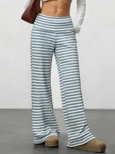 Women's Summer Series, Streetwear Casual Retro Style, Blue Striped Pattern Wide Leg Pants, All Season Everyday Wear