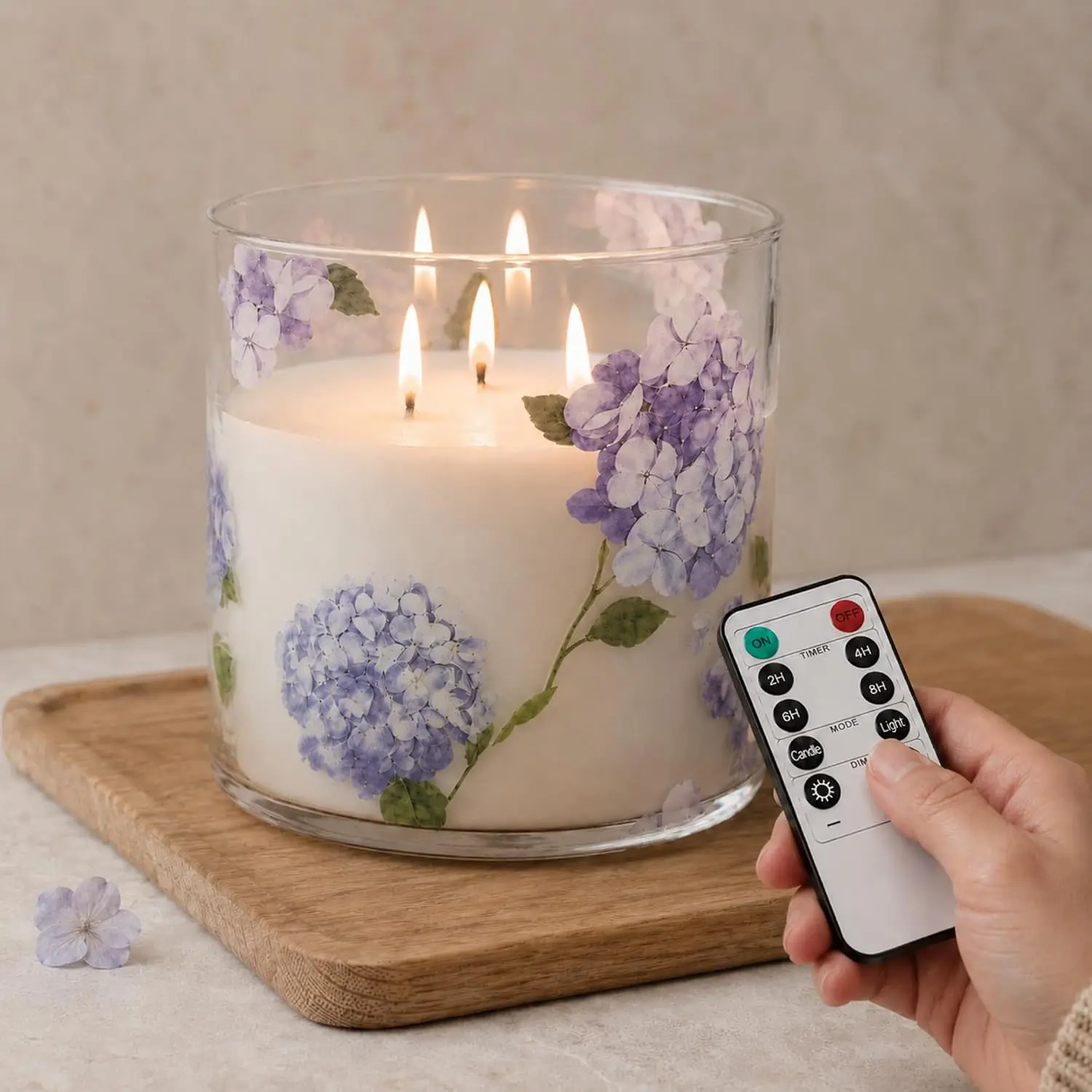 Extra Large Hydrangea Flameless Candles with 3 Wicks 6"x6" Clear Glass Battery Operated LED Candles with Remote Timer Real Wax Flickering for Wedding Summer Home Party Decor