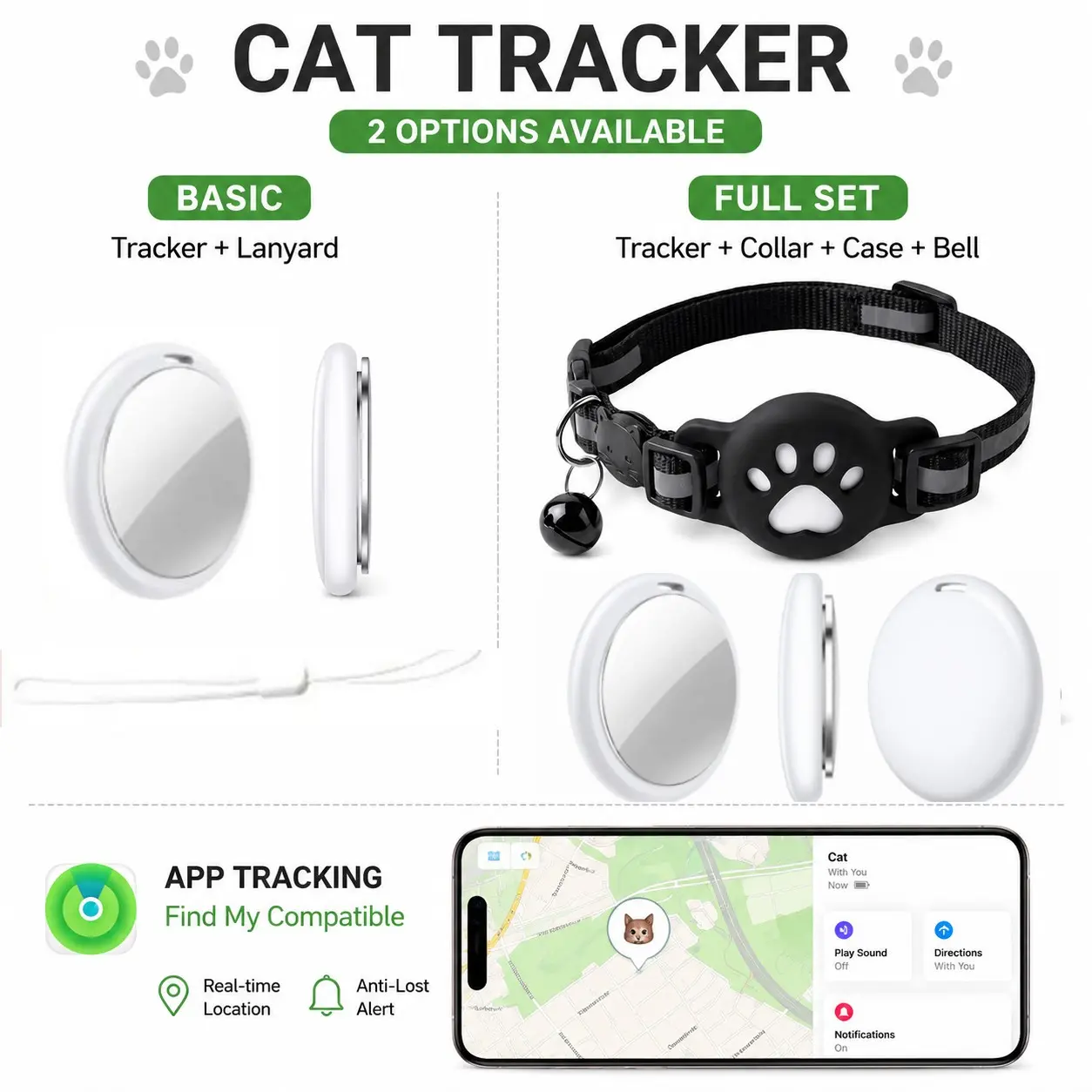 Pet Locator Set GPS Tracker Collar Set, Cat Tracker GPS Collar, Kitten GPS Collar, Pet Additions, Compatible with IOS