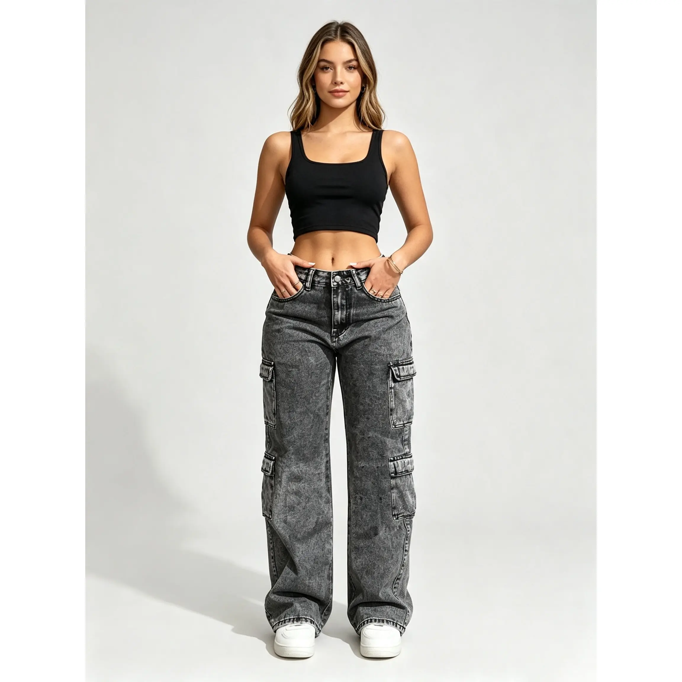 Women's Washed Irregular Multi-Pocket Cargo Denim Jeans | Loose Wide-Leg Streetwear Trousers | High-Waist Utility Pants Bottoms Drape