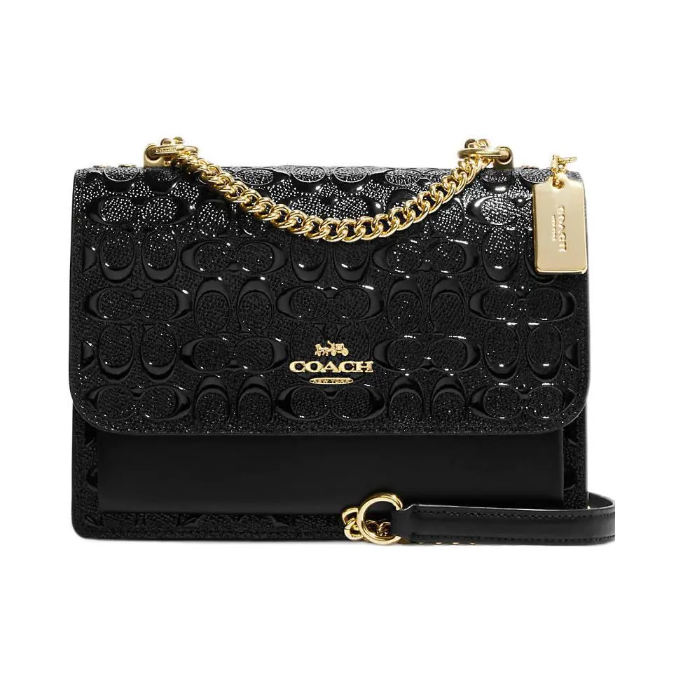 Coach Klare 22 Satchel Bag for Women – Matte Black Leather with Embossed Gold Logo and Patent Leather Accents Verifiable, with credentials and supporting global authentication