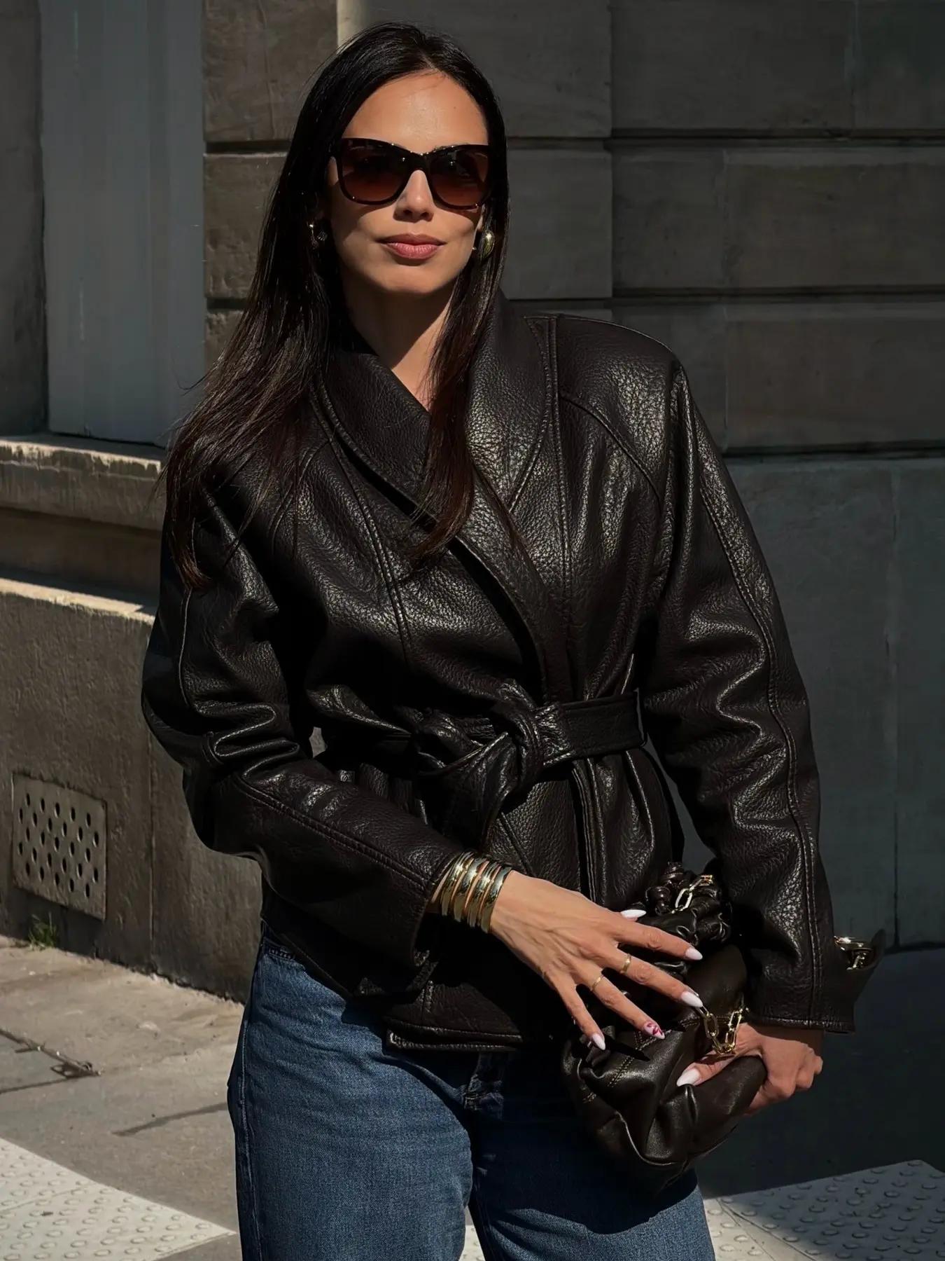 Women's Faux Leather Jacket Asymmetric Bomber Jacket Vintage Belted Long Sleeve Jackets Coat Collar Black Motorcycle Jacket Casual Streetwear Fitted Outerwear Coats For Spring & Fall  Womenswear