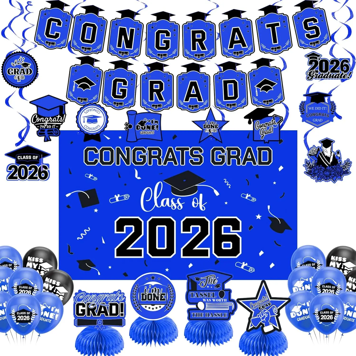 Graduation Decorations 2026 Blue Themed Party Supplies, Complete Cardstock Kit with Banner, Backdrop & Balloons for High School or College Celebrations, Congrats Grad Gift, Sturdy