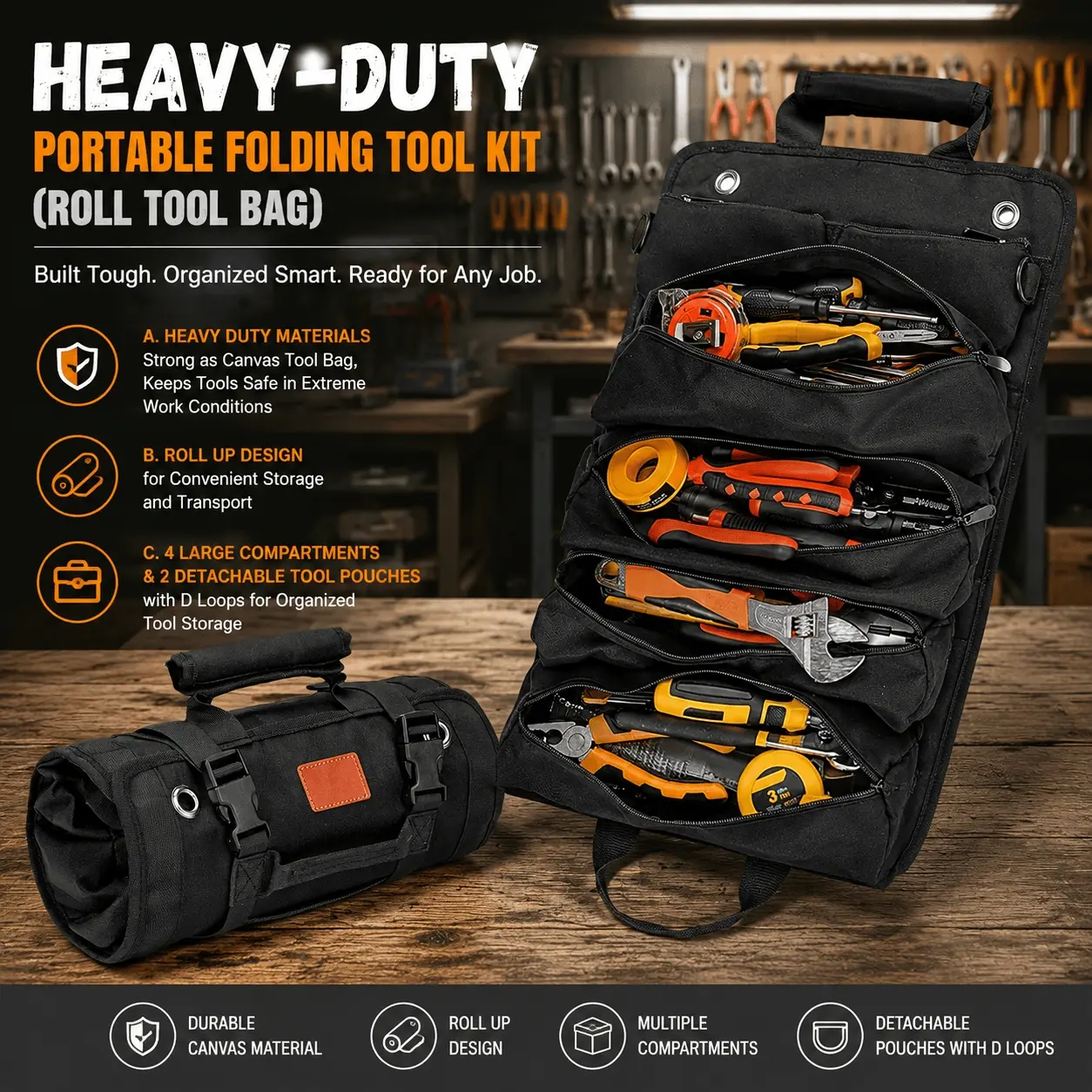 Portable Foldable Tool Storage Bag, Lightweight Durable DIY Woodworking Apron with Multi-Compartment, Organizer for Camping Car Tools, Heavy-Duty Repair Kit, Hammer Wrench Screwdriver Holder, Work Belt, Garage Organization