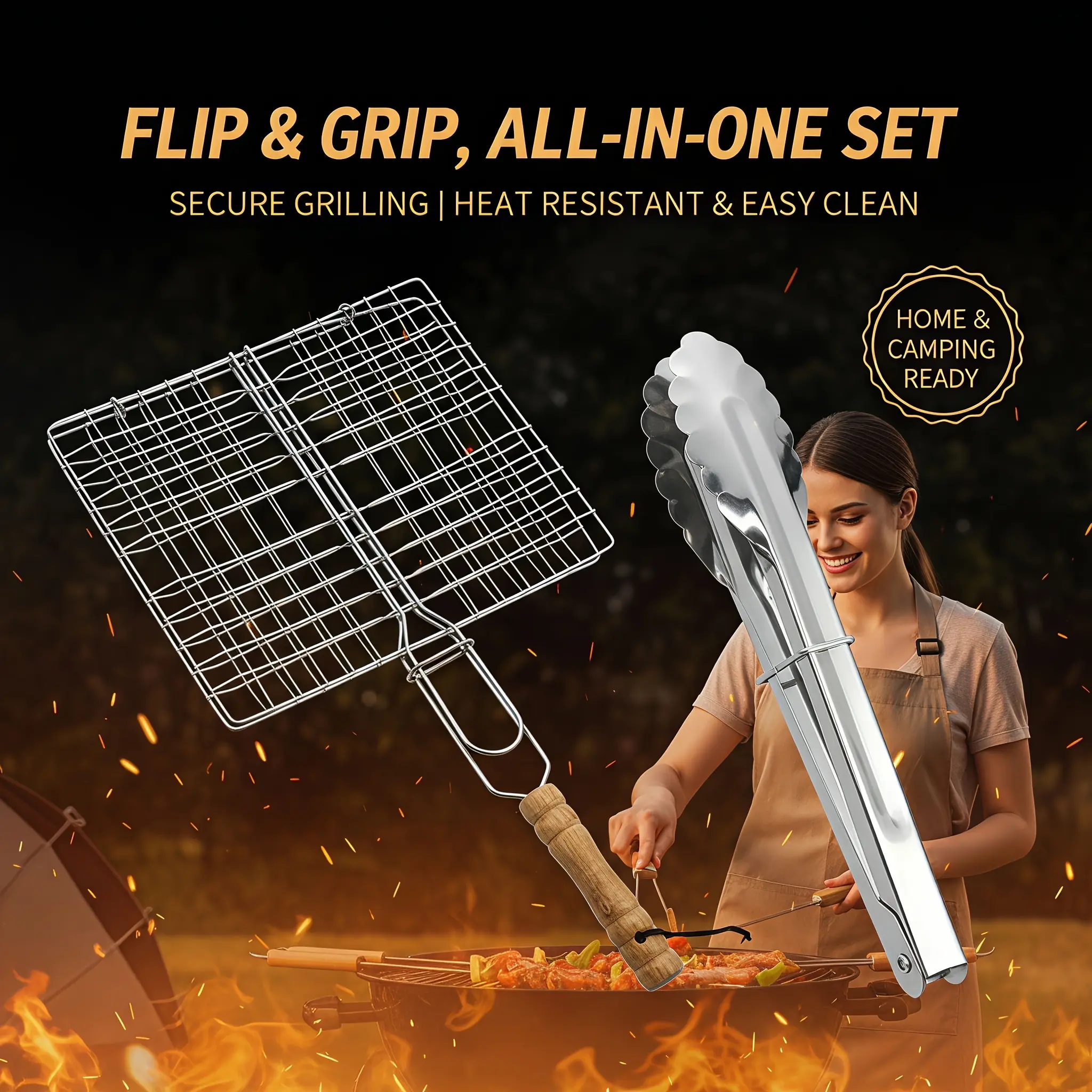 Outdoor BBQ Tools Set, Square Fish Grill Net Clamp, Food Clip, Iron Thickened Grill Clips, Two-Piece Kit, Durable Cooking Accessories