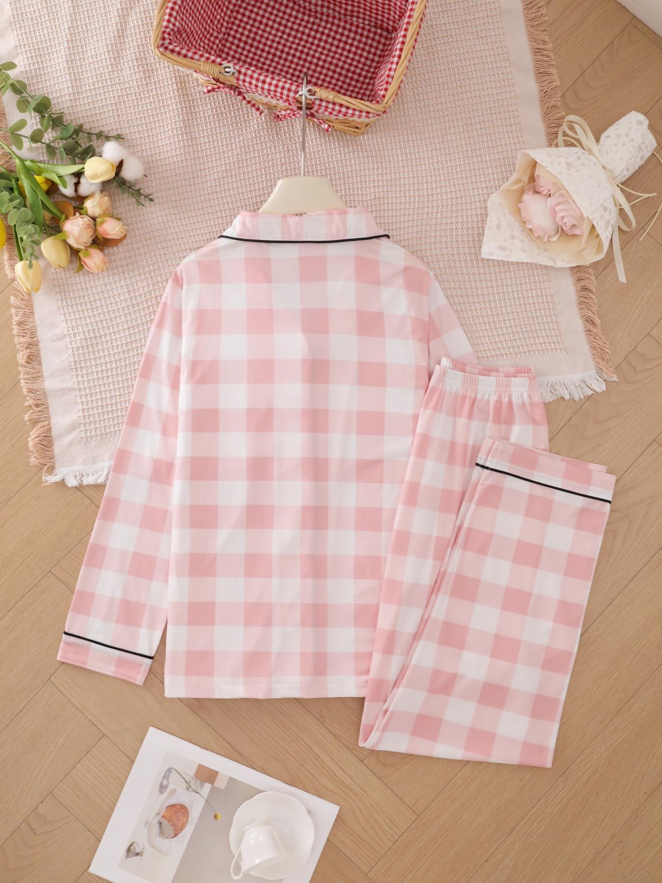 Two-piece Set Women's Heart/ Strawberry Print Pajama Set, Casual Comfy Long Sleeve Lapel Collar Top & Pants Pj Set, Valentine's Day Gift, Ladies Sleepwear for Spring & Fall, Pyjamas
