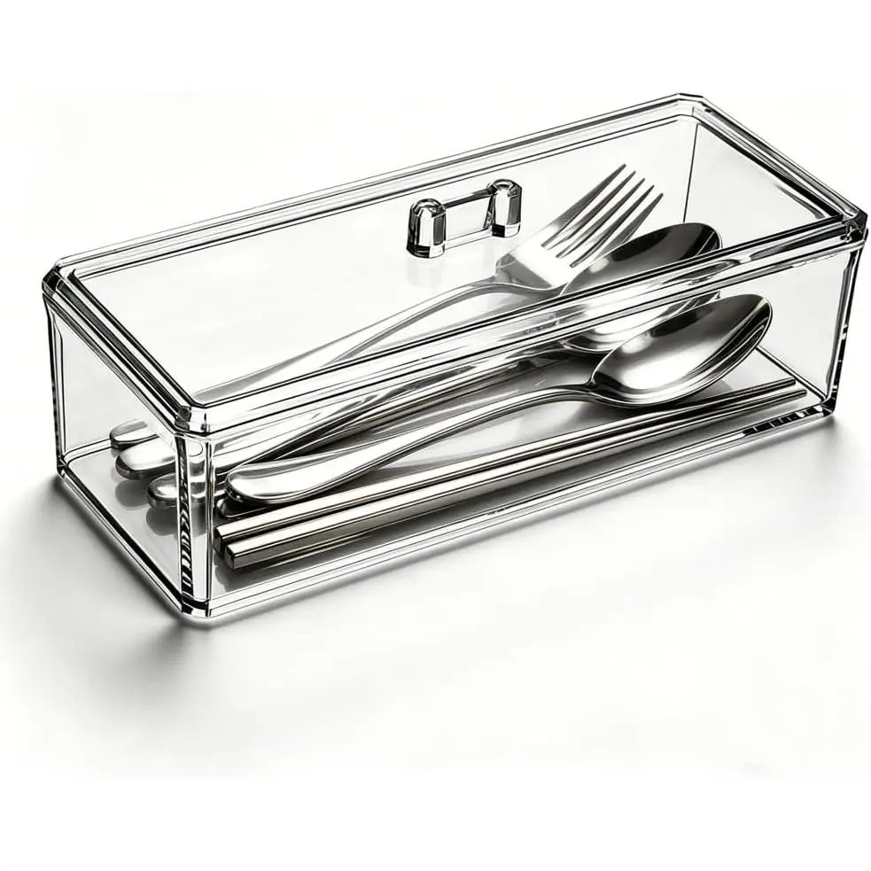 Flatware Tray with Lid, Clear Silverware Tray Kitchen Cutlery Tray and Utensil Storage Container for Flatware and Silverware
