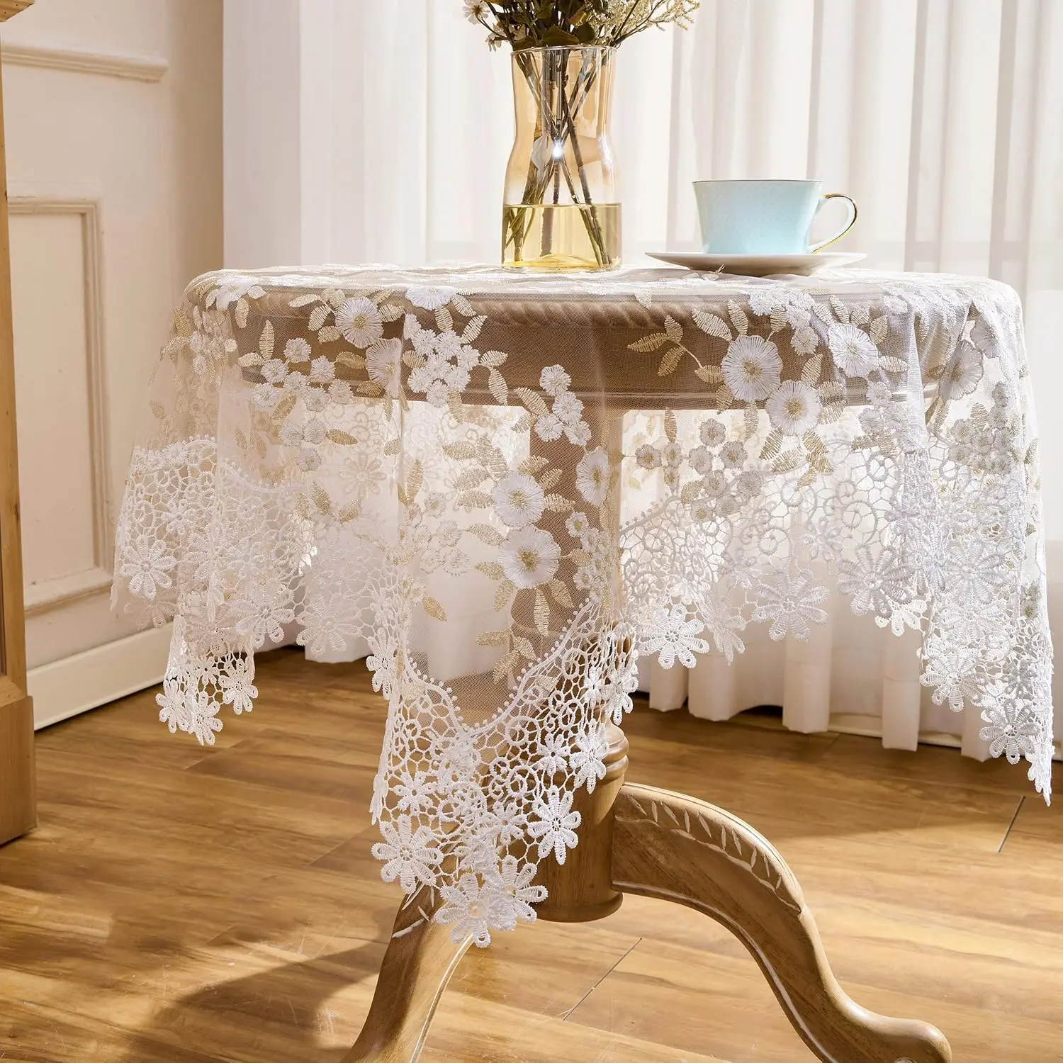 White Ivory Lace Tablecloth 33"x33" Floral Embroidery Square Doily| Sheer Mesh Overlay, Scalloped Lace Border, Small Table Cover, Wedding Party Decor, Decorative Lace Trim, Machine Wash