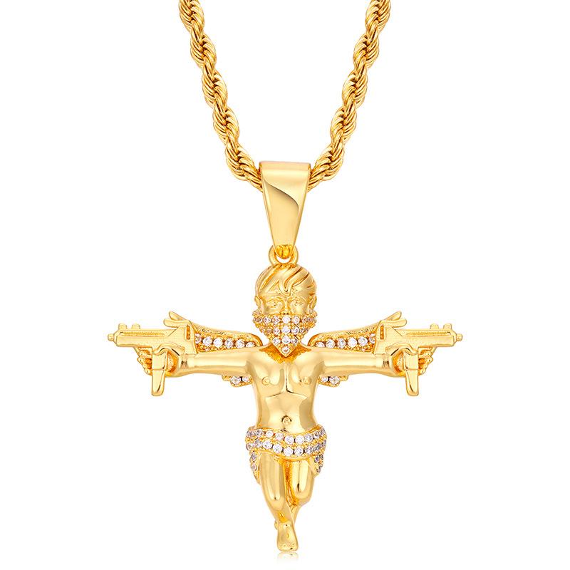 Hip-Hop Gold-Plated Masked Angel With Wings And Dual Swords Pendant Necklace, Solid Micro-Inlaid Zircon Jewelry