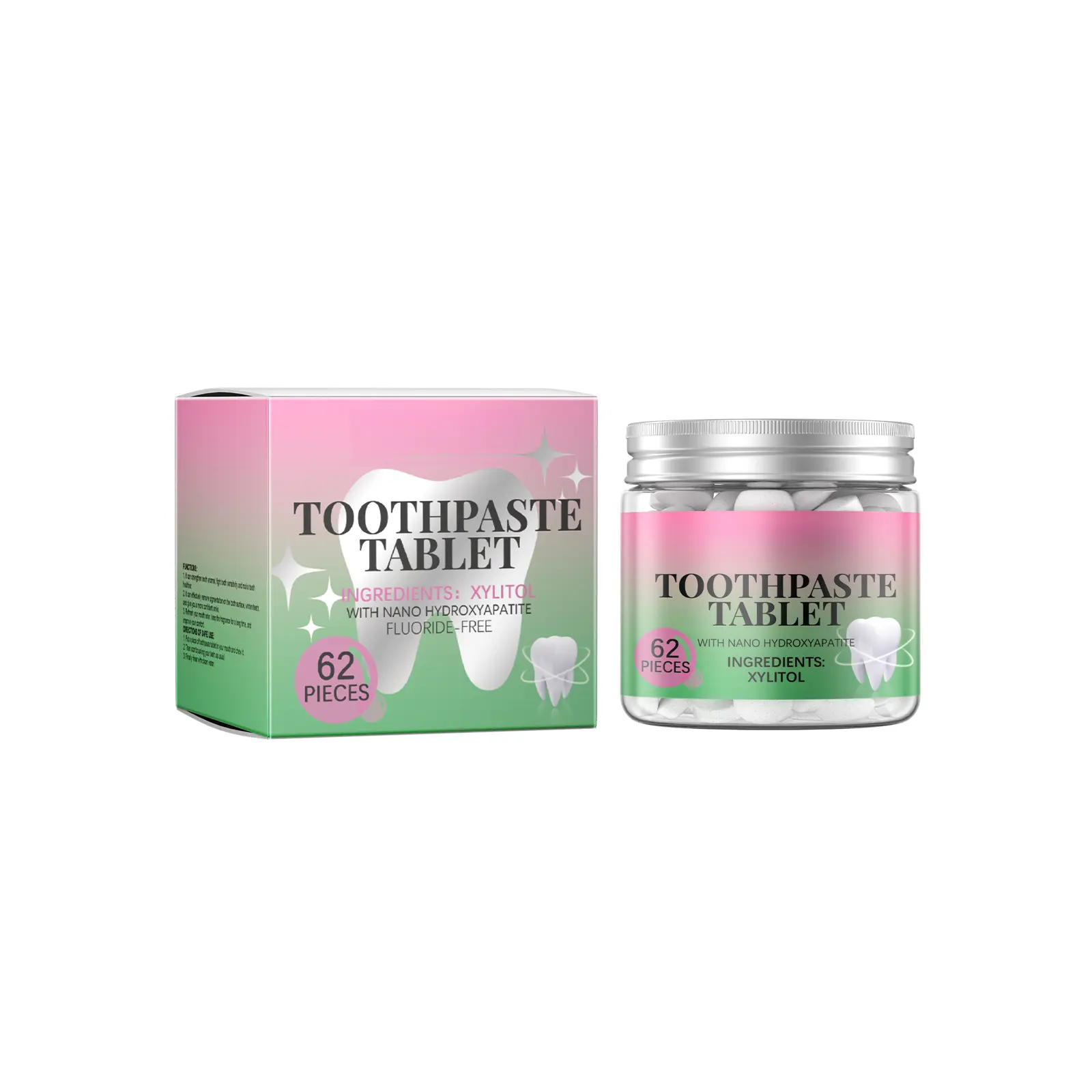 Hydroxyapatite Solid Toothpaste Tablets - Fluoride-Free Travel Pack Eco-Friendly Toothpaste Tablets, Freshens Breath, Removes Stains, Bubblegum Flavor (62 tablets)