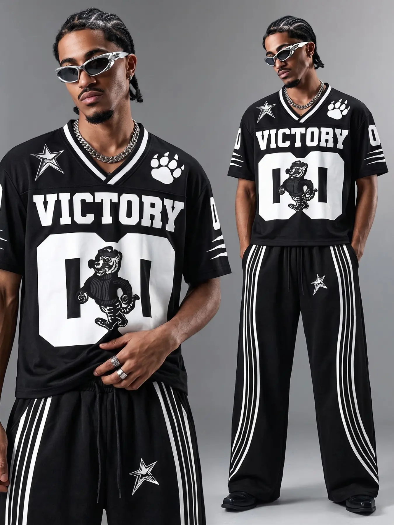 American High Street Victory Tiger Print Jersey Short Sleeve + Side Stripe Wide Leg Sports Pants Set, Retro College Style, Summer Essential