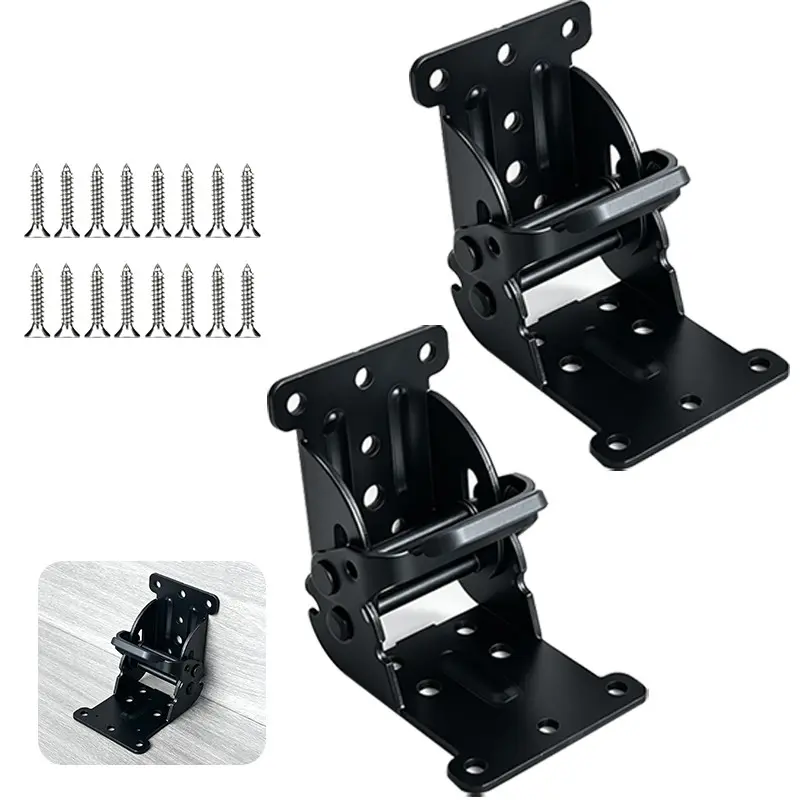 2 Pack Heavy-Duty Folding Hinge Brackets | 0-90° Adjustable Locking Table/Chair/Leg Supports with Self-Locking Mechanism & Screws - Foldable Extension Joints for Bed, Desk, Workbench Legs (Black, Oil-Rubbed Steel End, Floor Mount)