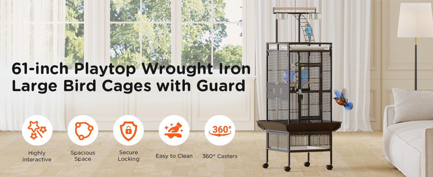 60 Inch Wrought Iron Large Bird Cage with Rolling Stand, Metal Parrot Cage with Play Top & 4 Stainless Steel Bowls for African Grey Cockatiel Sun Parakeet Green Cheek Conure Lovebird Budgie, Black