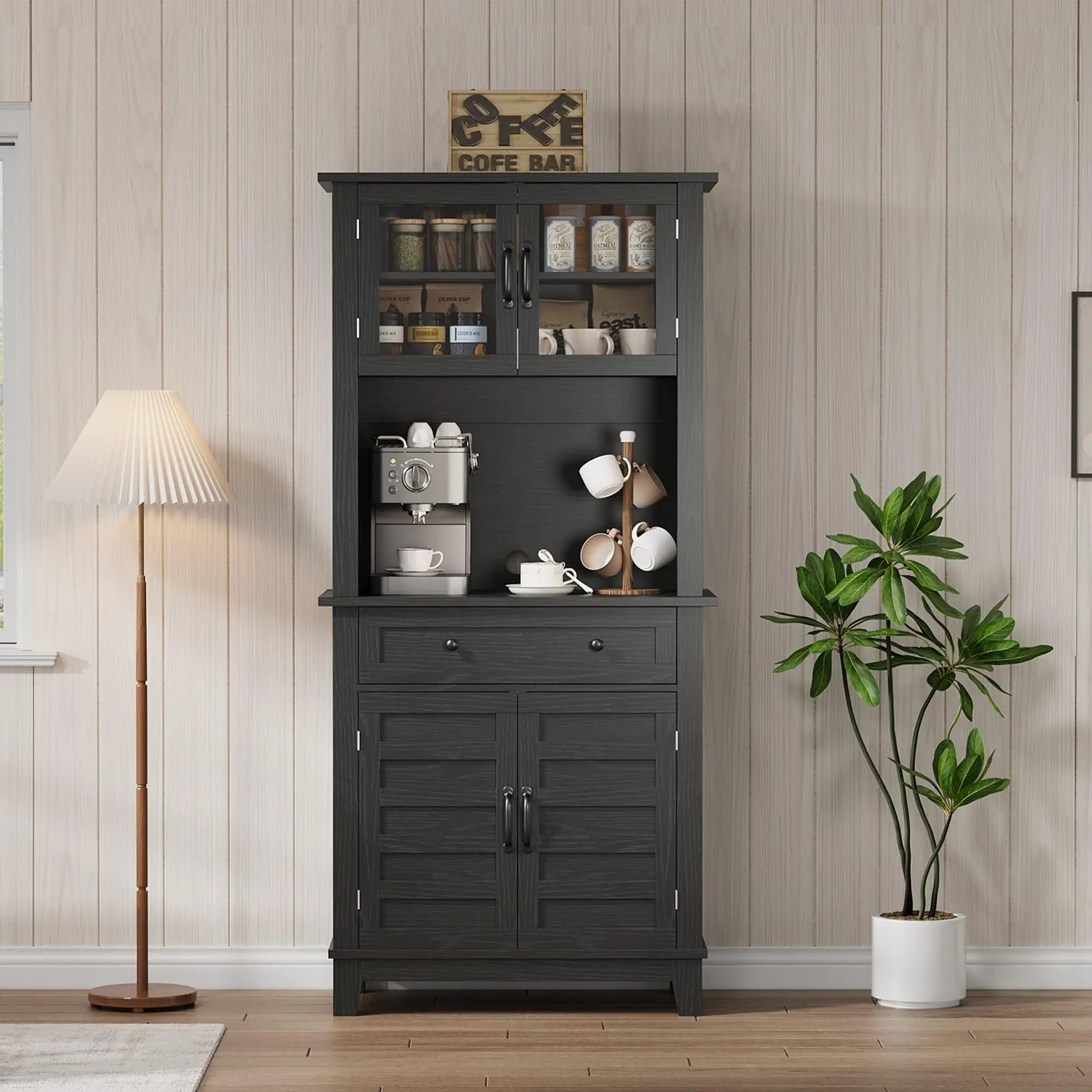 Kitchen Pantry, 72 in Farmhouse Coffee Bar Table with Storage Drawers & Glass Doors, Stand Cabinet for Kitchen, Dining Room