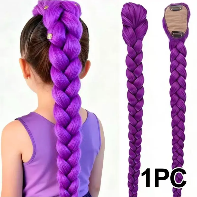 K-Pop Girl Role Play Wig, 26-Inch Braided Long Yaki Straight Hair, Heat-Resistant Puff Ponytail Accessory, Kids Wigs, Party Wigs, Box Braided Wig, Artificial Wig