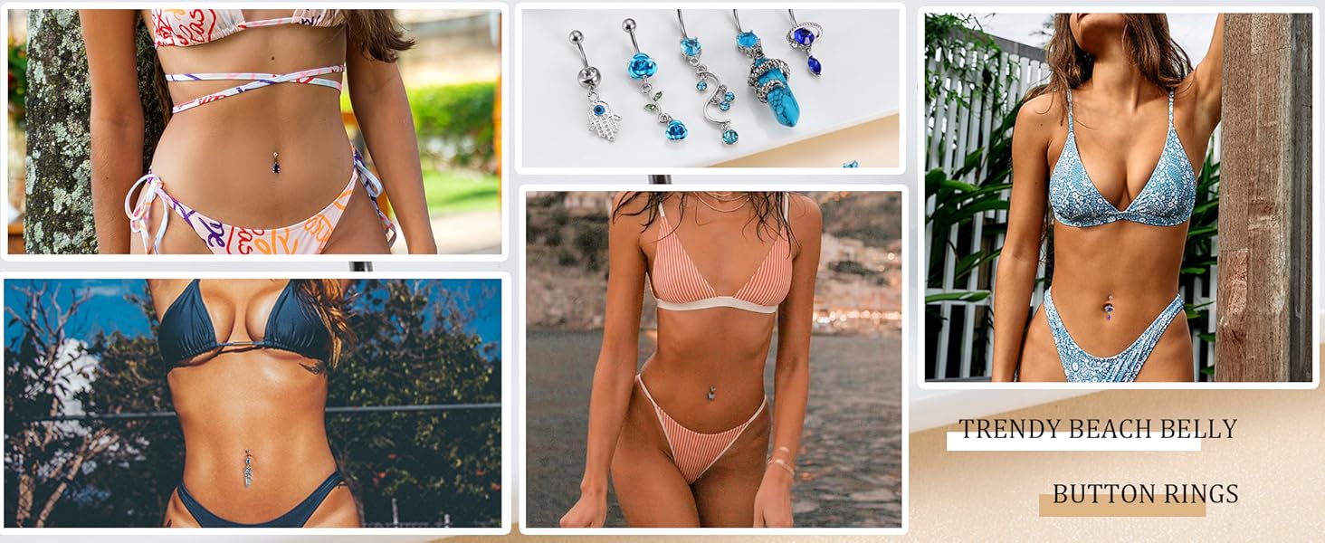 LOLIAS 10Pcs Belly Button Rings Surgical Stainless Steel CZ Heart Dragon Butterfly Dangle Navel Rings for Women Barbell Piercing Jewelry Waist Beads