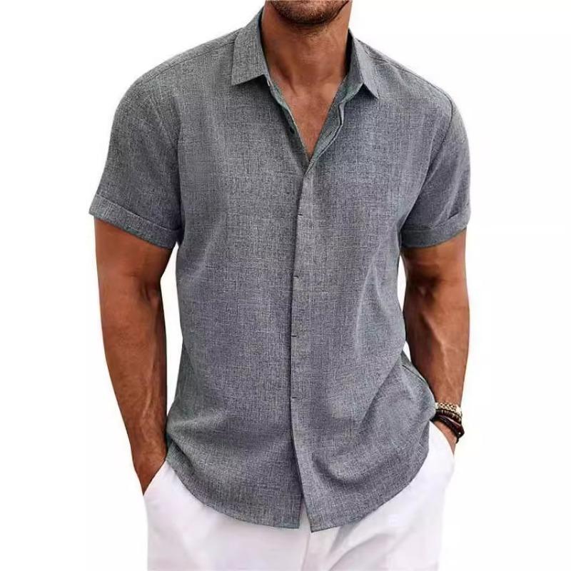 Men‘s Double Placket Cotton Linen Short Sleeve Shirt Premium Solid Color Button Front Summer Top