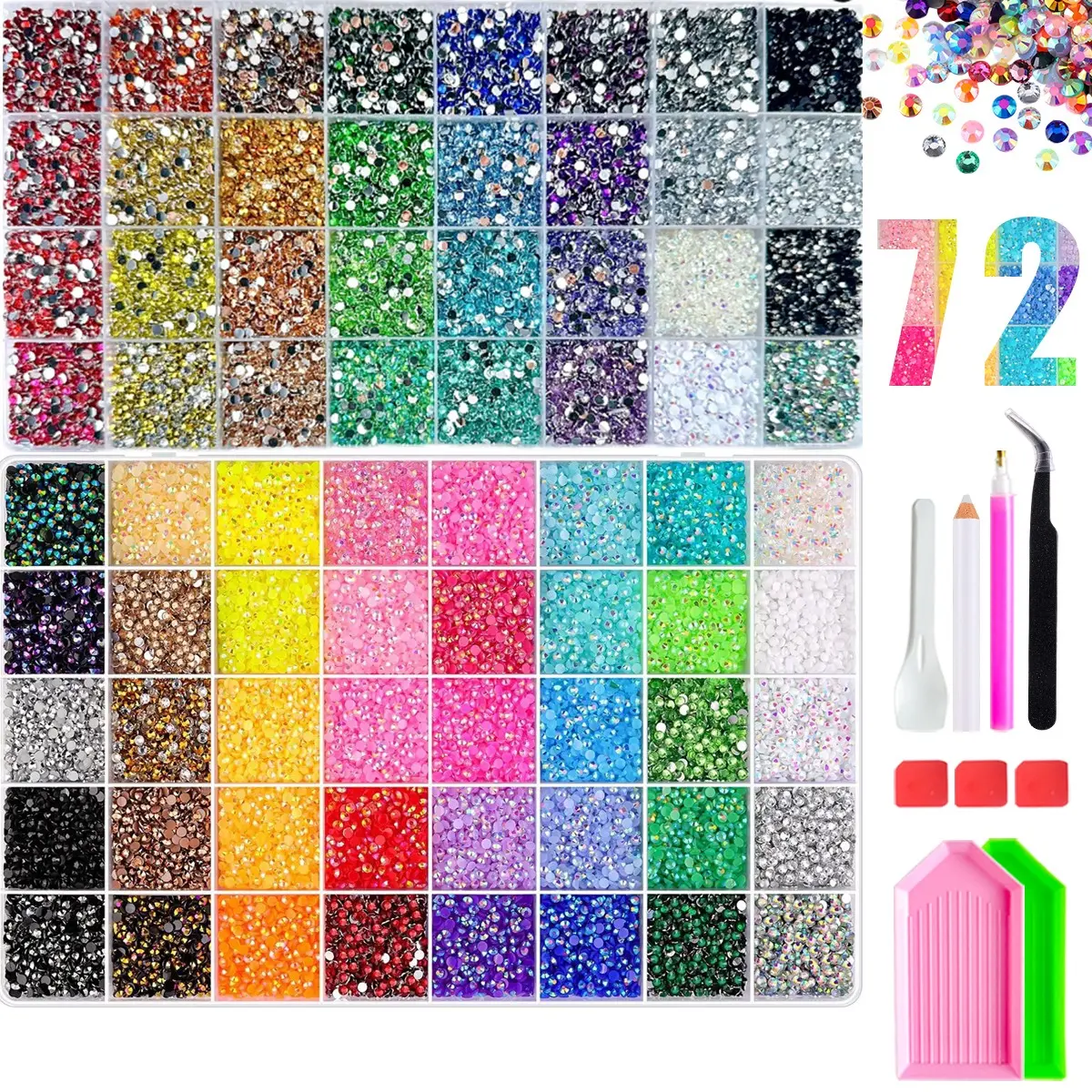 72 Grid 57600 Rhinestones Set, Multicolor Sparkling DIY Kit, Includes Glue, Pliers, Tray, Perfect for Nail Art and Crafts, Nail Art Rhinestones / Flatback Crystals / Multi-Color / Pickup Tool，Women's Gift