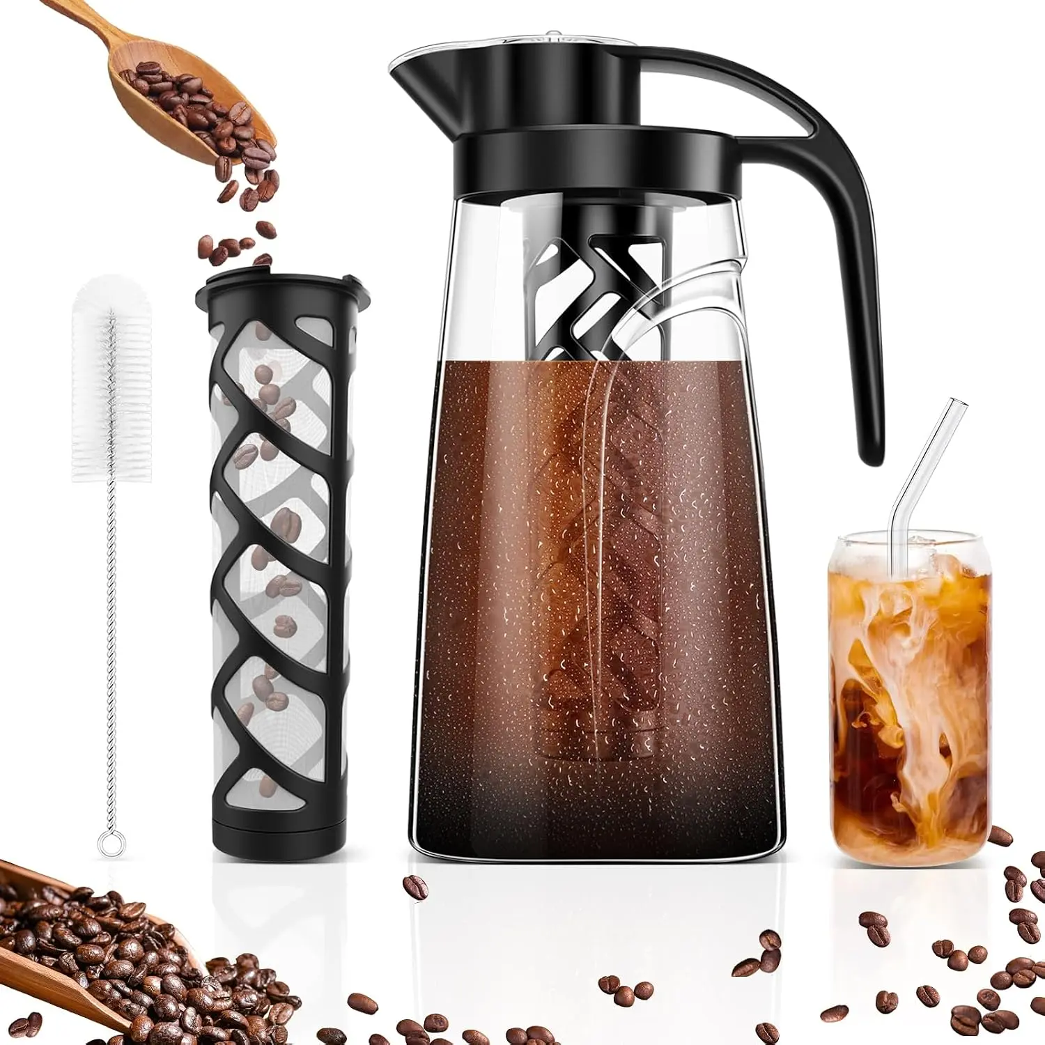 Cold Brew Coffee Maker, 70 oz (2100 ml)  Tritan Pitcher, Iced Coffee Maker and  Brewer,  Leak-Proof, Easy to Clean  Mesh Filter, Black