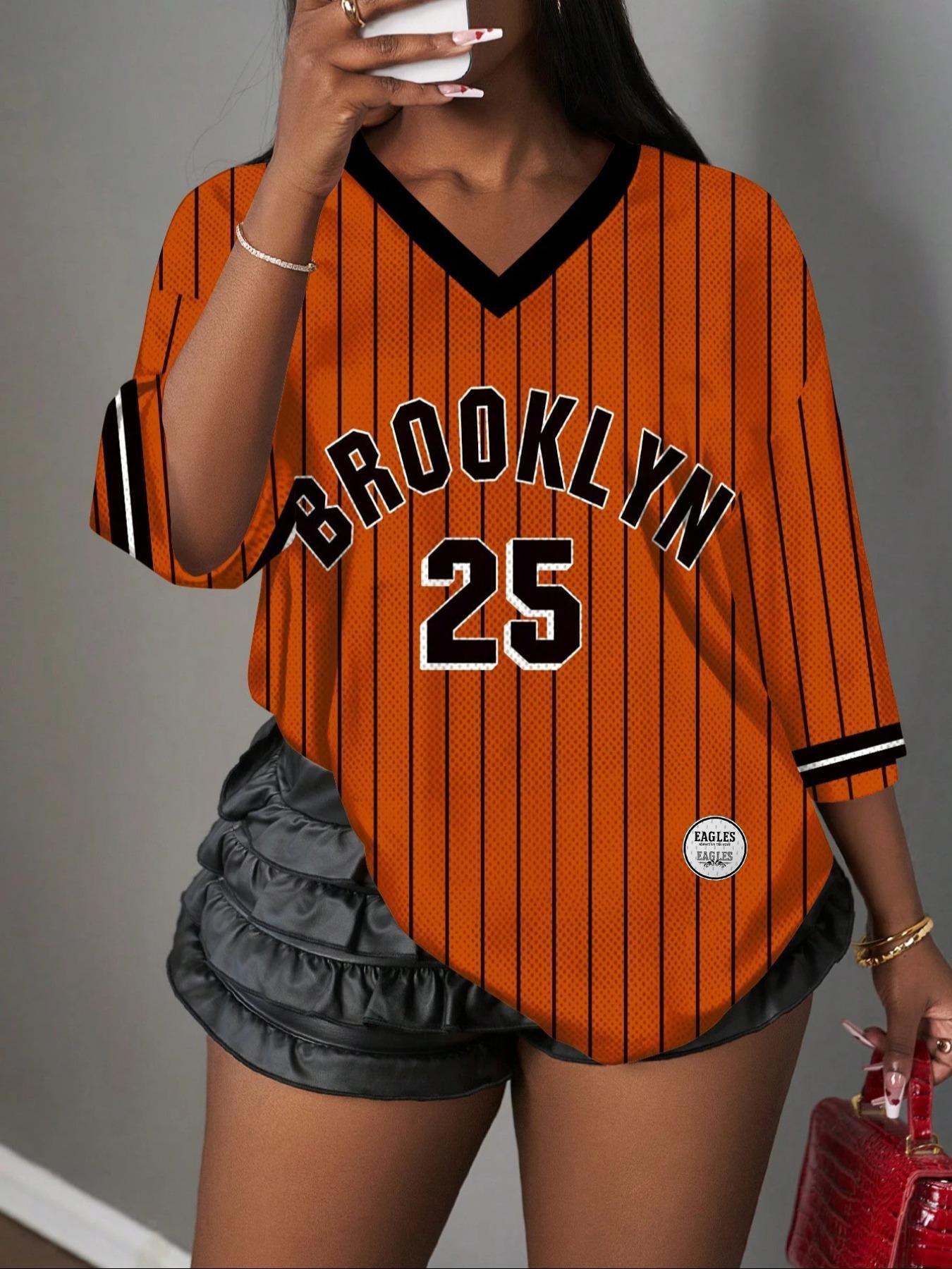 Women's Y2K Casual Simple Letter Brooklyn Graphic Print T-Shirt, Breathable Mesh Sports Ball Jersey, Streetwear Daily Wear Top, Athletic Sports Clothing