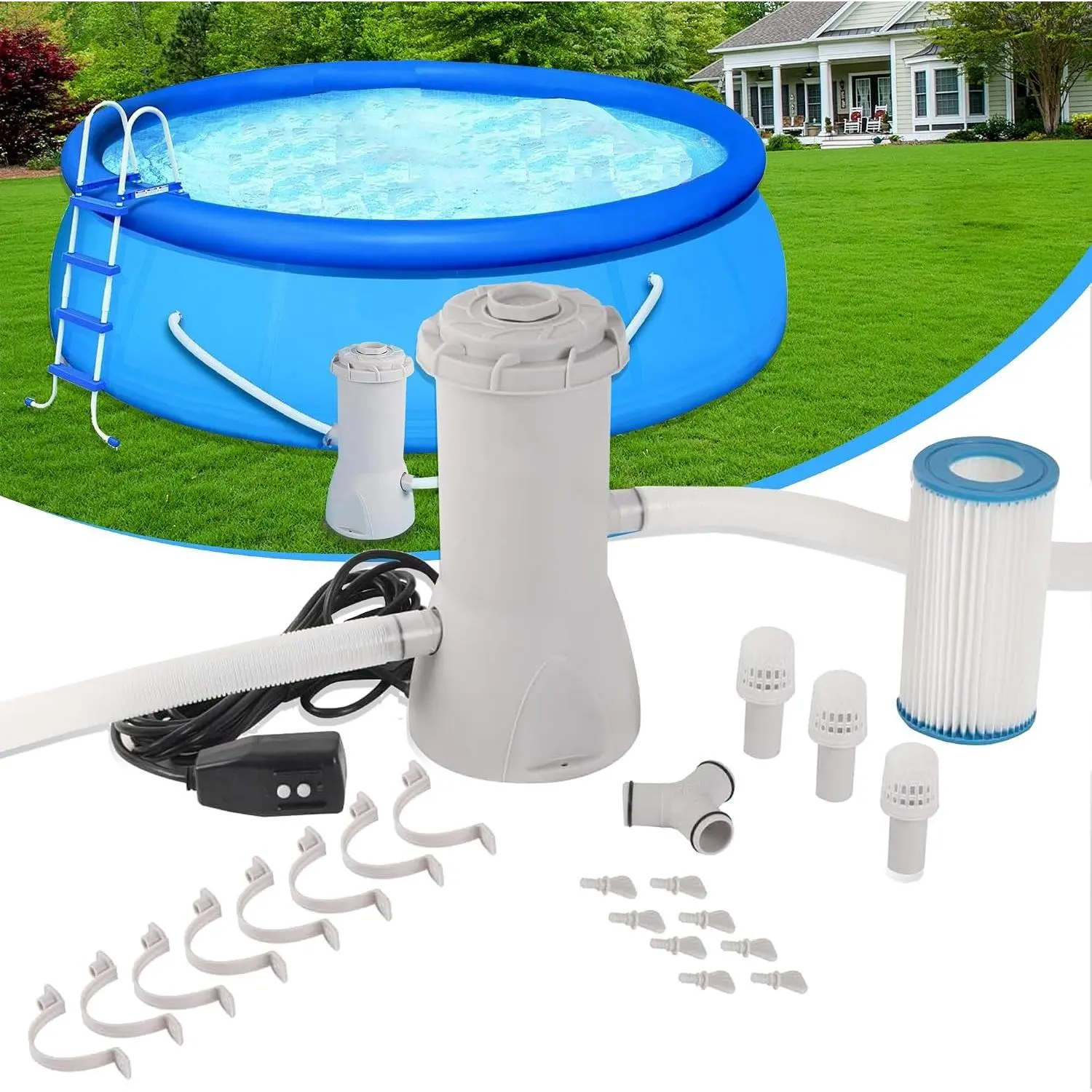 1000 GPH Pool Pumps, Above Ground Pool Filter Pump for Swimming Pools 1000 GPH Pumps Flow Rate All-in-One Above Ground Pools Filters Pump Accessories Uses Type A or C Filter Cartridge