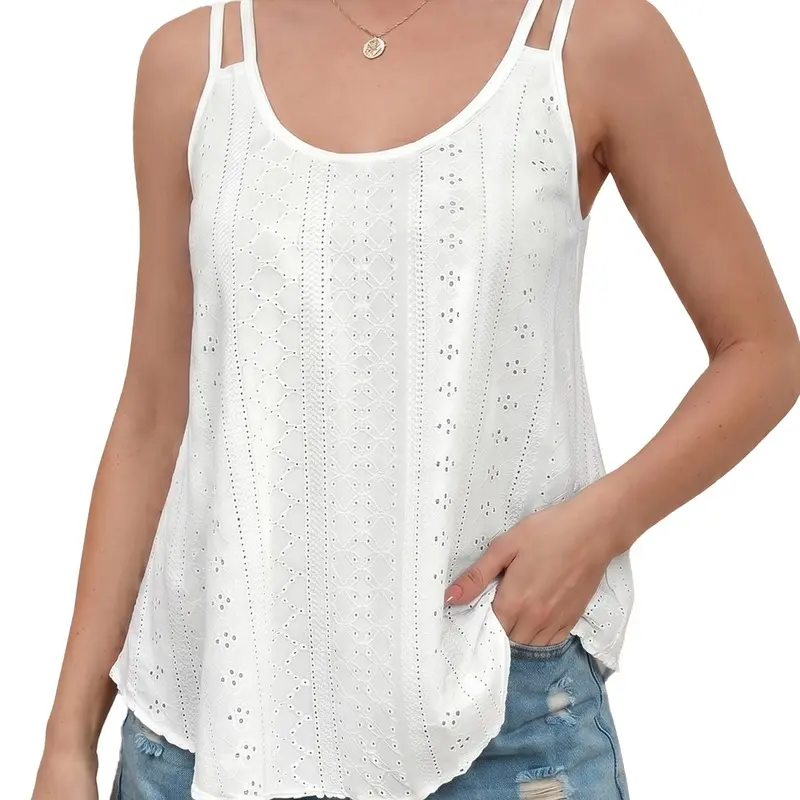 Women's Eyelet Embroidery Tank Top | Spaghetti Strap | Long Length | Feminine Summer Camisole