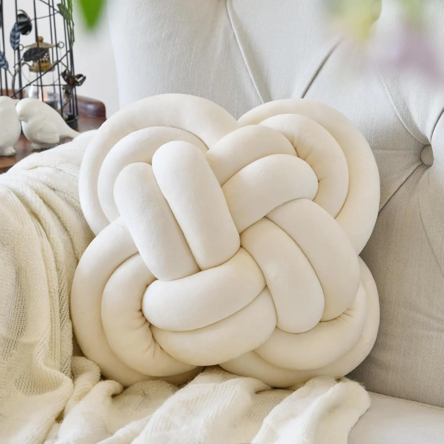 Xuyier Knot Pillow Ball, 12" Decorative Throw Pillows for Couch Bed, Beige | Decor Knotted Square Floor Pillow Cushions with Velvet Fabric for Bedroom Living Room