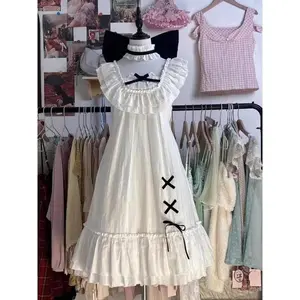 Japanese Kawaii Lace Loose Dress Women Fashion Casual Square Neck Bow Puff Sleeve Sweet Dresses Summer Design New Lolita Outfits