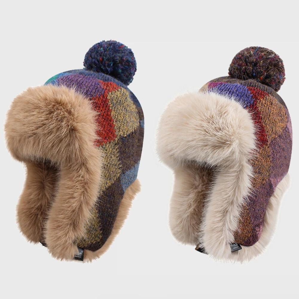 HT4914 New Autumn Winter Hat for Women Russian Hat Ladies Thick Warm Knitted Hat Fluffy Fur Colored Snow SKi Earflap Cap Ushanka