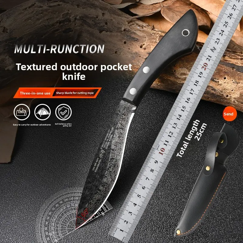 Outdoor Camping Multifunctional Sharp Fruit Knife With Stripe Surface Solid Wood Handle Portable Boning Knife Black Stripe Solid Wood Handle Knife For Outdoor Camping Hiking Picnic