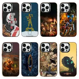Kratos, God of War phone case, compatible with iPhone 11–17 Pro Max/Plus series and Samsung Galaxy S23–S25 series, black candy-colored matte shockproof protective case.