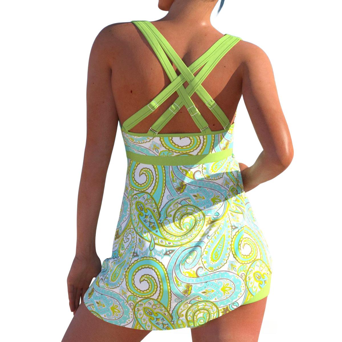 Women's Floral Print Two Piece Tankini Set, Blue Tropical Swimdress with Polka Dot Straps, Modest Tummy Control Bathing Suit with Boyshorts, Plus Size Swimwear, Flattering Beachwear for Summer Vacation & Pool Party