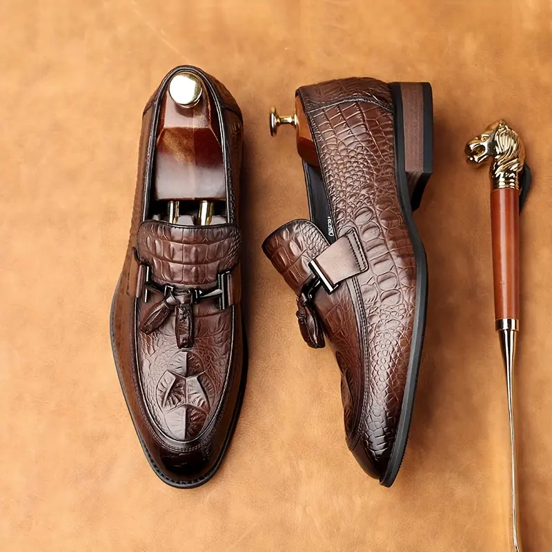 Men's Top Layer Cowhide Formal Leather Footwear - Ankle-High Closed Toe Crocodile Pattern Business Shoes with Rubber Components for Weddings, Banquets, Office