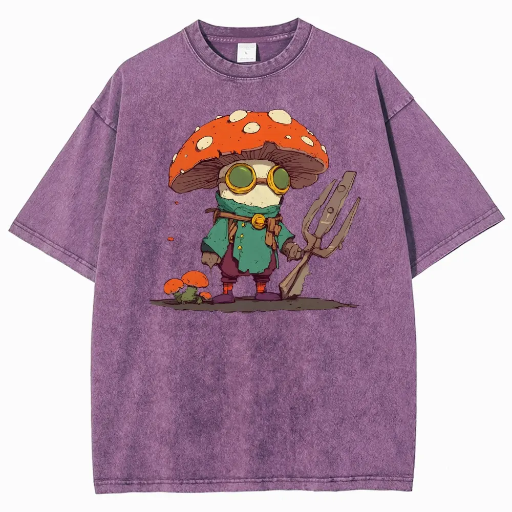 Unisex Steampunk Mushroom Farmer Cartoon Graphic Washed T-Shirt Personalized Pattern Y2k Clothing Round Neck Washed T-Shirt,Women's Clothing 100% Cotton, Menswear, Top, Vintage Style,Summer Casual Oversized