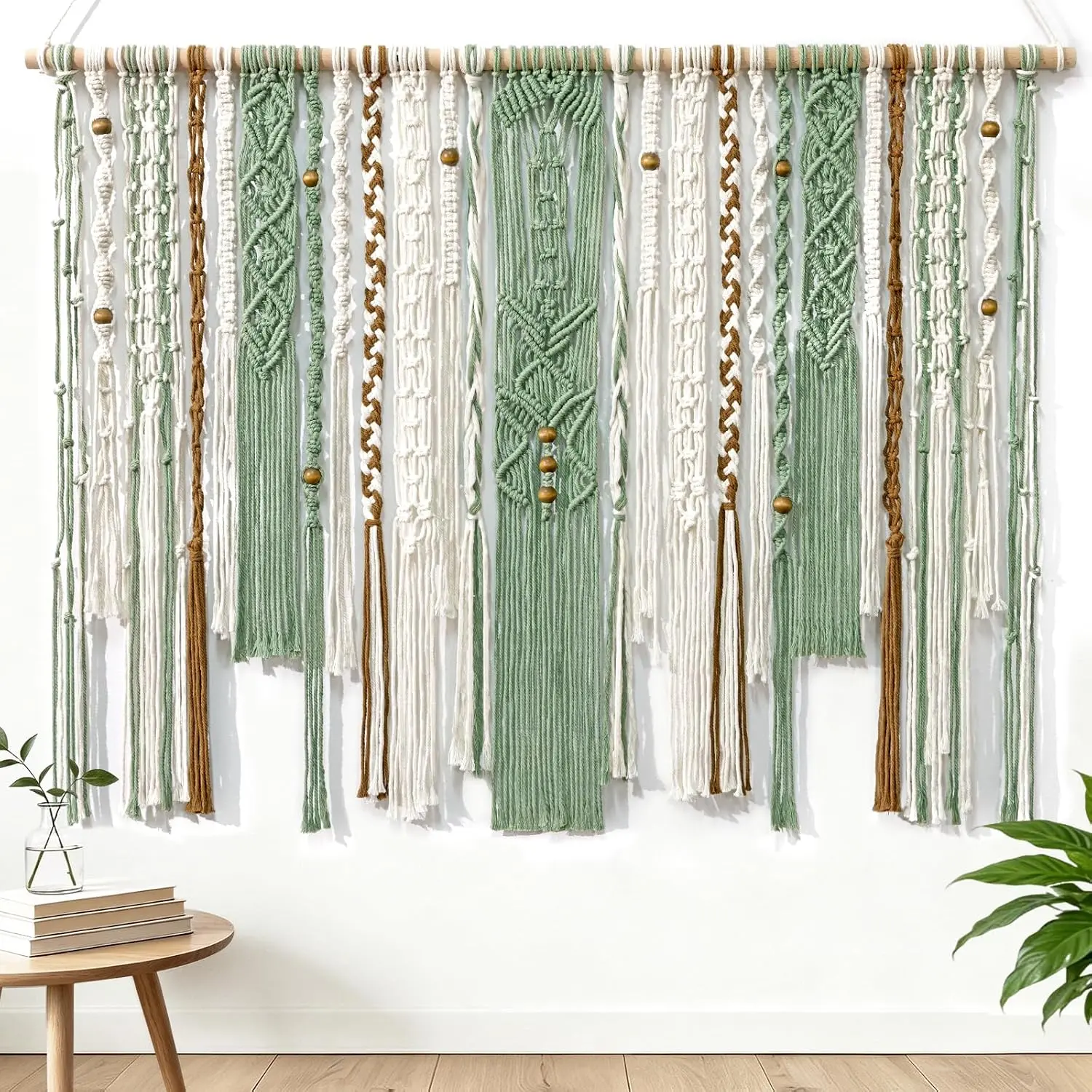 MEIVINES Large Cotton Macrame Wall Hanging - Minimalist Wooden-Accent Boho Decor for Kitchen, Room