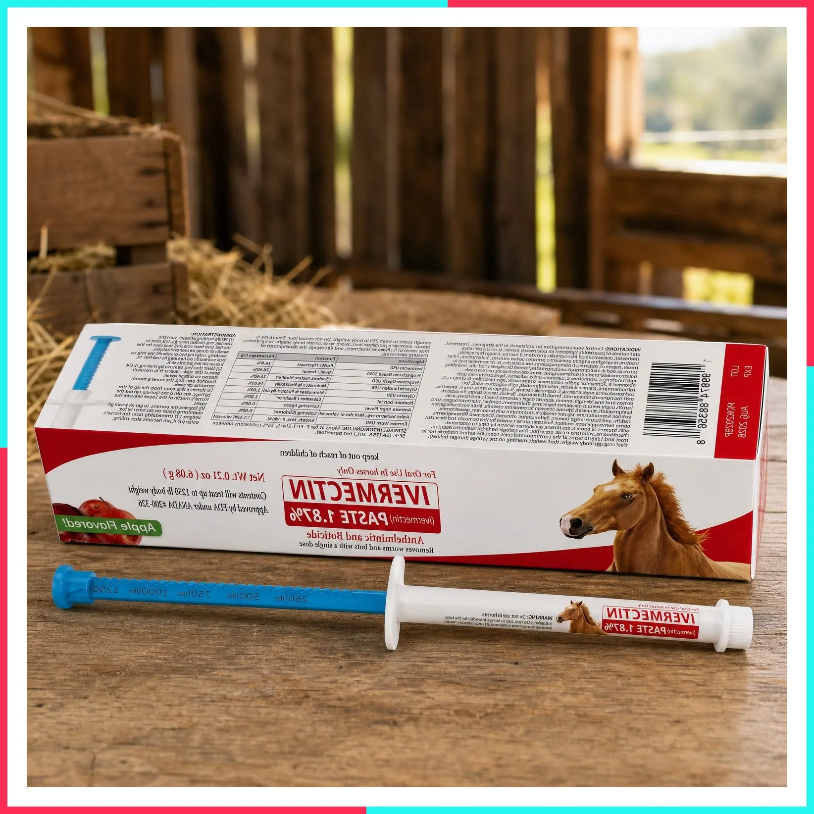 Ivermectin Horse Dewormer Paste 1.87% Apple Flavor – 6.08g Gel Syringe for Equine Use, Treats up to 1,250 lbs, 1-Pack