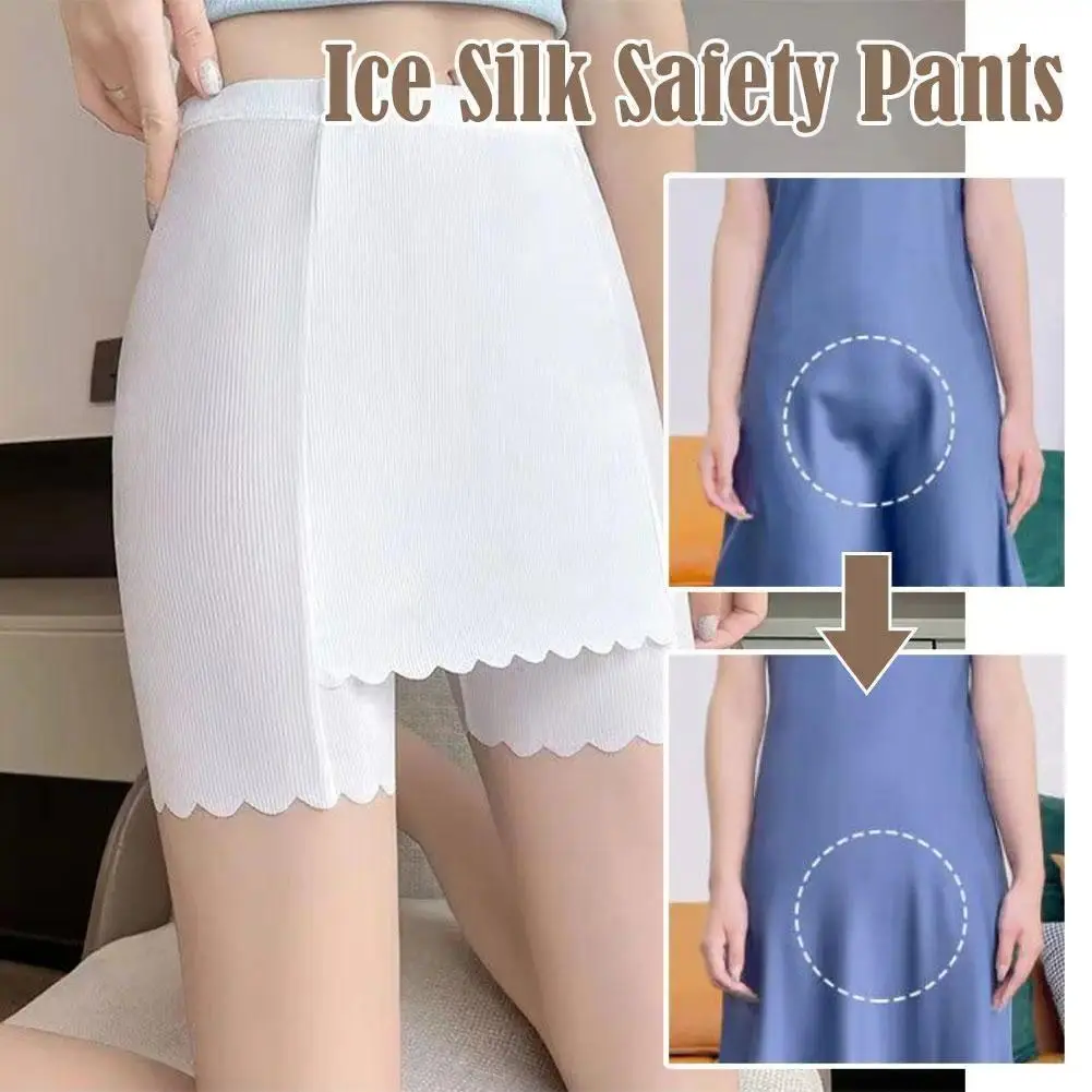 Summer Women Ice Silk Safety Boyshorts, High‑Waist Double‑Layer Seamless Slim‑Fit Anti‑Chafing Under Shorts, Soft Breathable Safety Pants Worn Under Dresses & Skirts for Daily Outfits