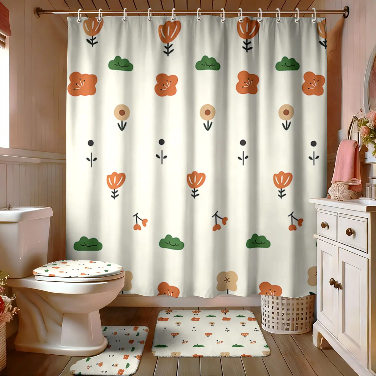A four-piece hand-painted flower and cloud pattern bathroom set, including a non-slip mat, toilet seat, and bath mat, perfect for modern bathroom decor. The set also includes 12 hooks for storage.