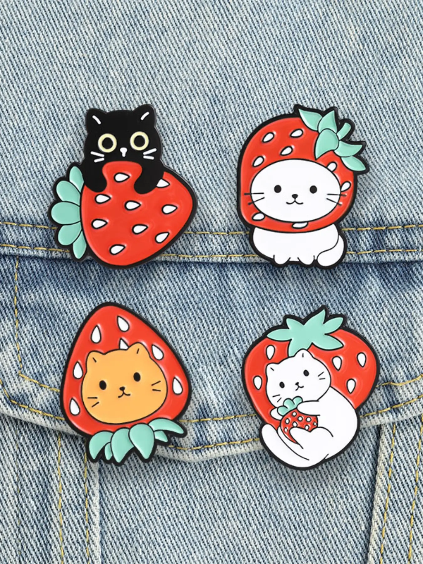 4pcs Cartoon Strawberry Cat Enamel Pin, Japanese Cute Kitty Fruit Brooch, Pet Lover Backpack Decor Badge, Fun Accessories for Fans