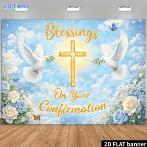 2D Flat Banner 1pc, A Backdrop for a 2D Religious Ceremony Scene Featuring a Golden Cross Flying White Doves Clusters of Blue And White Roses Butterflies And Golden Text Saying 'Blessing on Your Confirmation'. The Design Includes