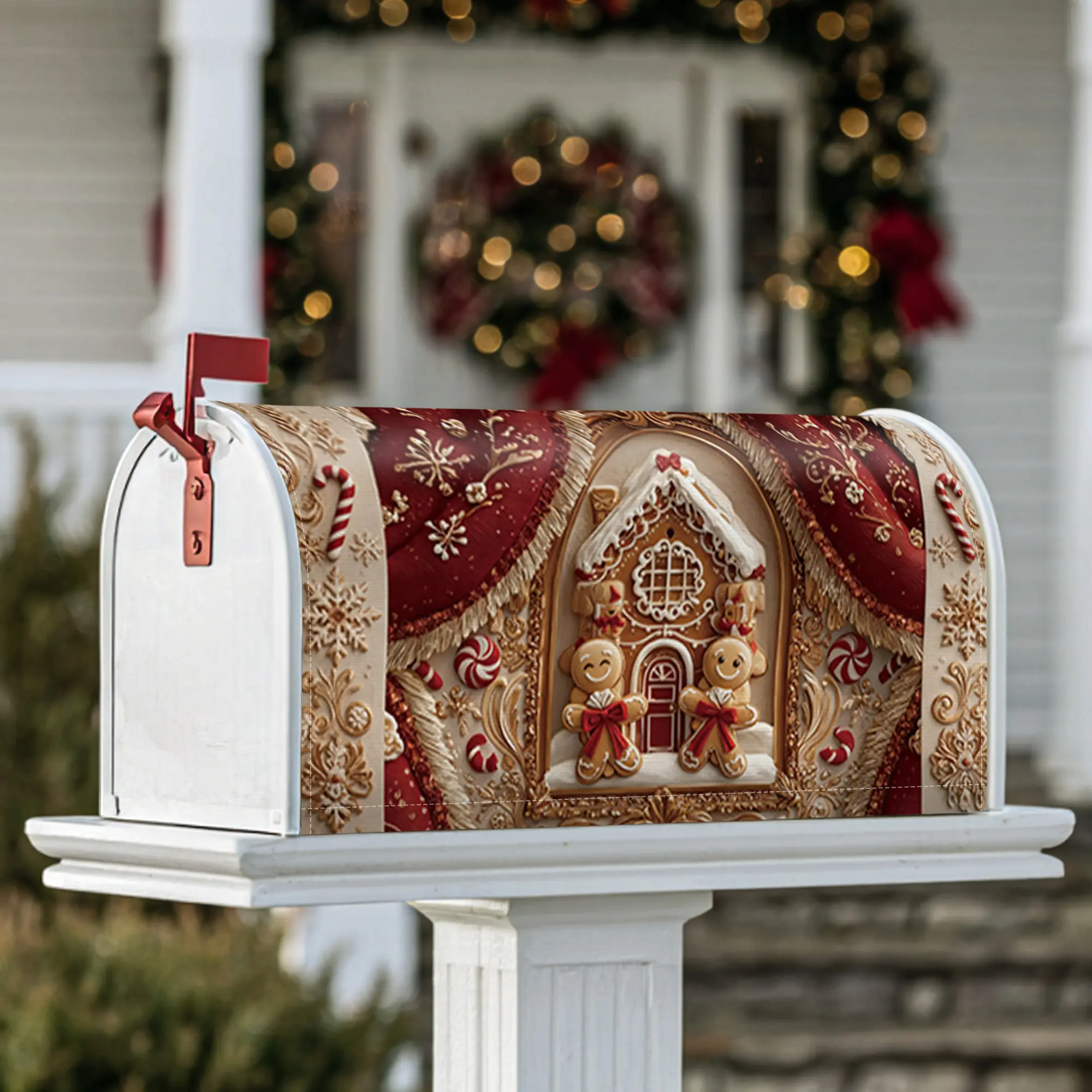 gingerbread house Magnetic Mailbox Covers, Christmas festive candy canes snowflakes Christmas red Mailbox Skin for Front Yard Decor
