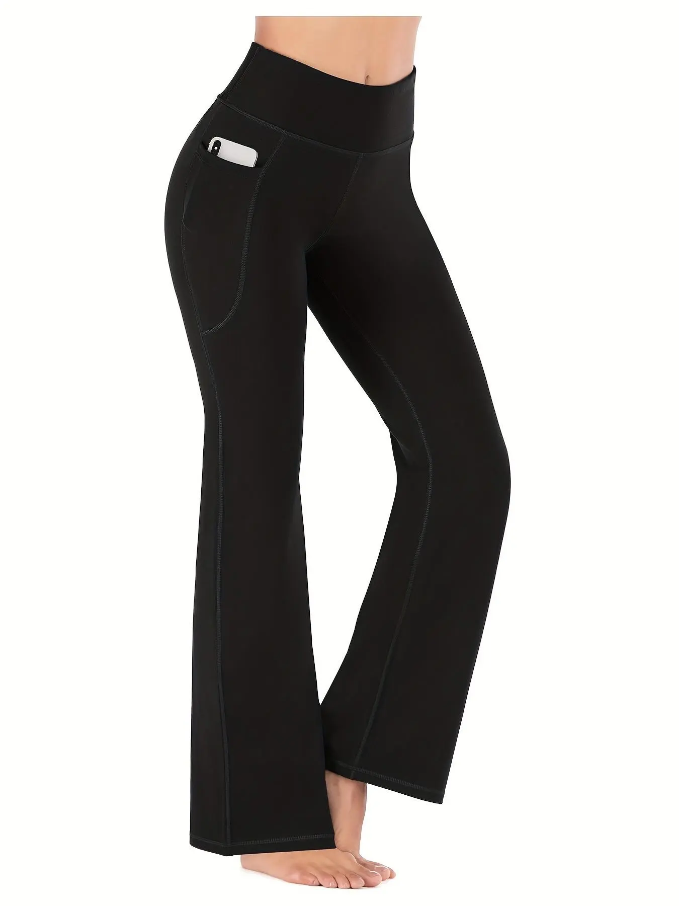 Women's Slim Tummy Control High Waist Pocket Flare Leg Pants, Casual Comfy Sports Trousers, Stretchy Workout Leggings, for Yoga Workout Gym, Runs small, Order One Size Up, Side Pocket Leggings, High Waisted Leggings