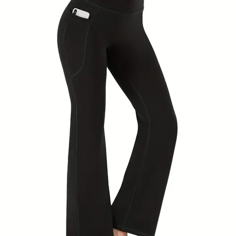 Women's Flared Yoga Pants with Pockets, High Waist Slim-Fit Sporty Leggings, Plain Surface Unlined Fitness Casual Wear, Yoga Bottoms