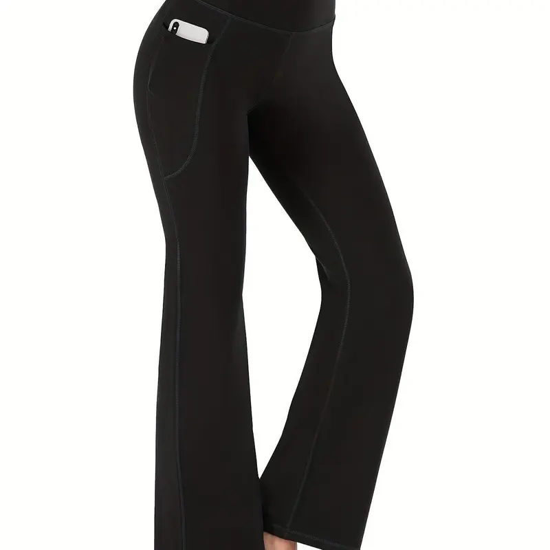 Women's Flared Yoga Pants with Pockets, High Waist Slim-Fit Sporty Leggings, Plain Surface Unlined Fitness Casual Wear, Yoga Bottoms