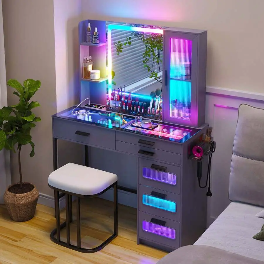 Vanity With Mirror And LED Lights, Glass Top Vanity Desk With Charging Station, Makeup Table Set With Stool/Makeup Organizer/6 Drawers Women(White)